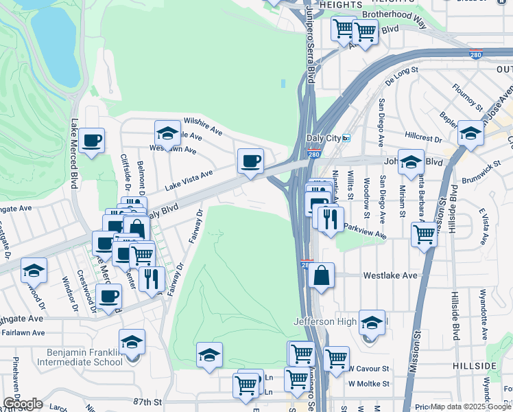 map of restaurants, bars, coffee shops, grocery stores, and more near 15 Poncetta Drive in Daly City