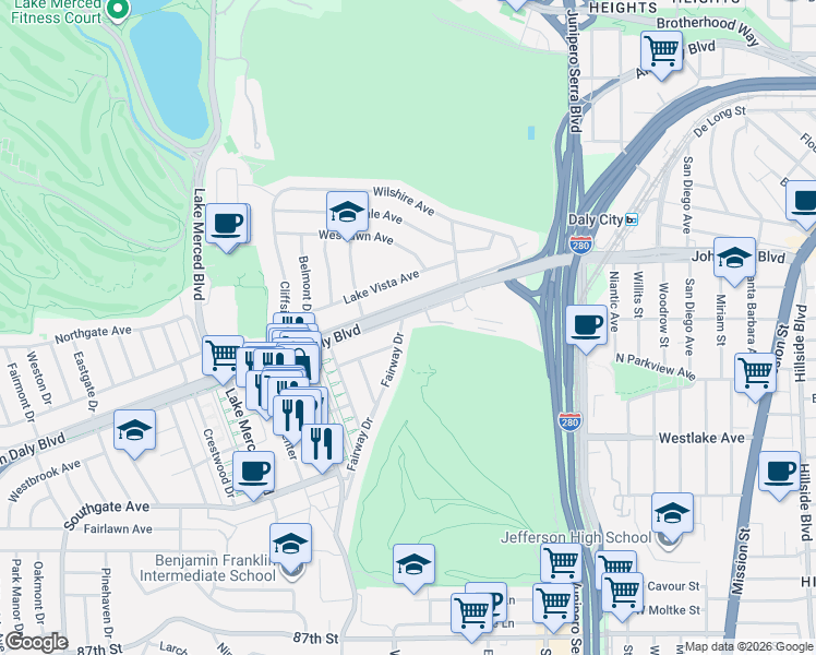map of restaurants, bars, coffee shops, grocery stores, and more near 9 Fairway Drive in Daly City