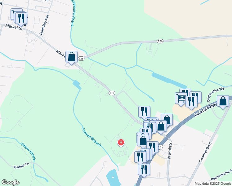 map of restaurants, bars, coffee shops, grocery stores, and more near Duncan Manor Road in Accomack County