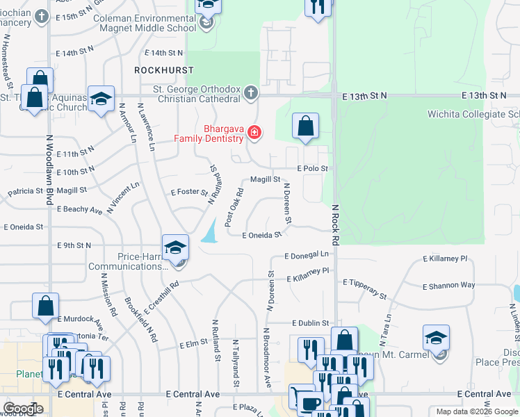 map of restaurants, bars, coffee shops, grocery stores, and more near 1032 North Broadmoor Avenue in Wichita