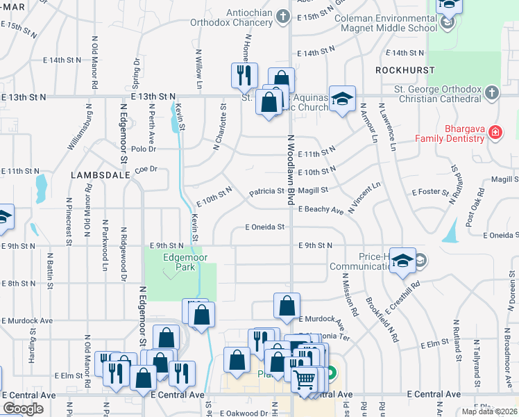 map of restaurants, bars, coffee shops, grocery stores, and more near 6219 Beachy Street in Wichita