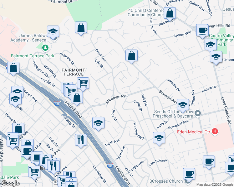 map of restaurants, bars, coffee shops, grocery stores, and more near 2500 Miramar Avenue in Castro Valley