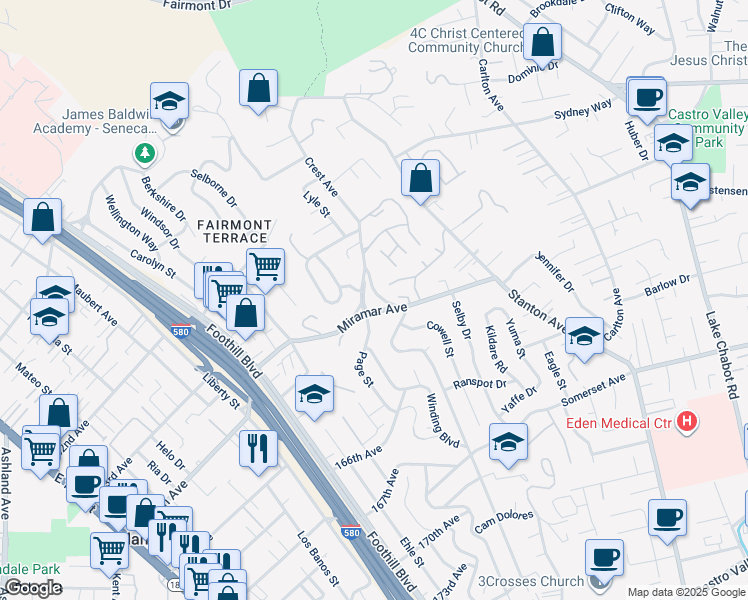 map of restaurants, bars, coffee shops, grocery stores, and more near 2500 Miramar Avenue in Castro Valley