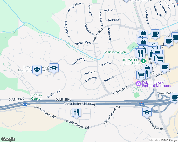 map of restaurants, bars, coffee shops, grocery stores, and more near 11448 Cresta Lane in Dublin