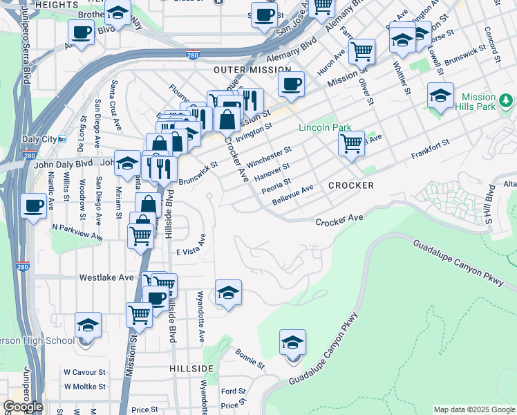 map of restaurants, bars, coffee shops, grocery stores, and more near 598 Crocker Avenue in Daly City