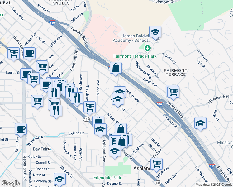 map of restaurants, bars, coffee shops, grocery stores, and more near 1650 159th Avenue in San Leandro