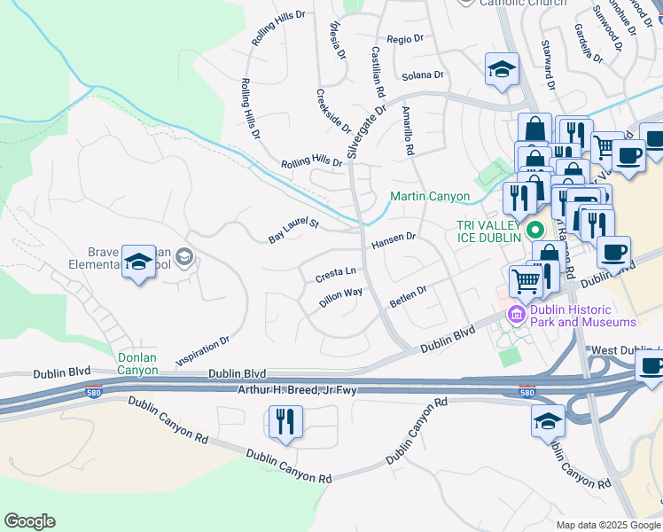 map of restaurants, bars, coffee shops, grocery stores, and more near 11448 Cresta Lane in Dublin