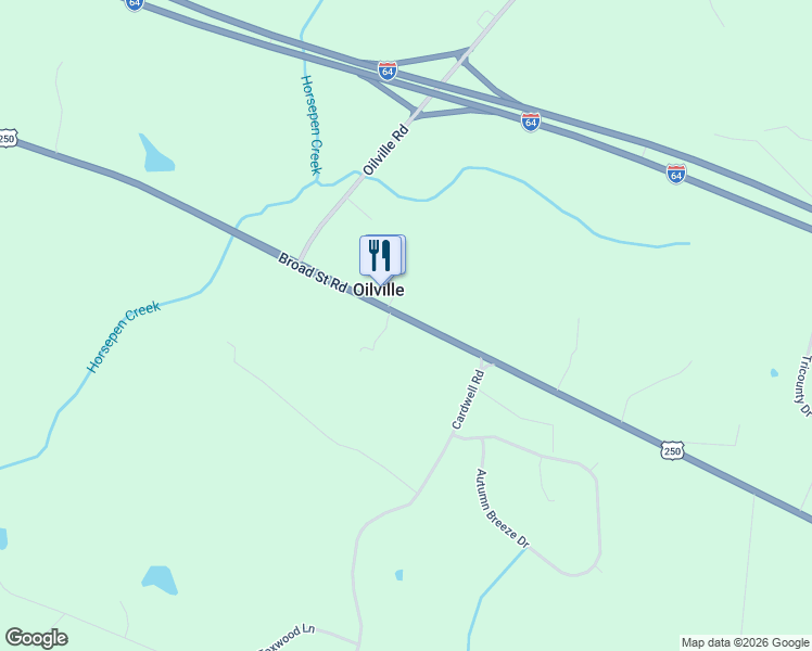 map of restaurants, bars, coffee shops, grocery stores, and more near 1383 Broad Street Road in Oilville