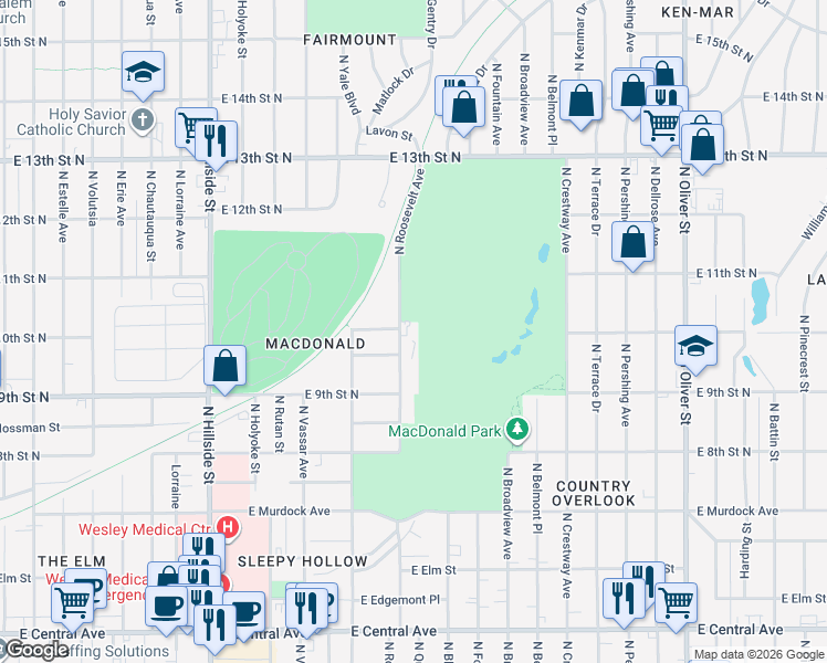 map of restaurants, bars, coffee shops, grocery stores, and more near 1036 North Roosevelt Street in Wichita