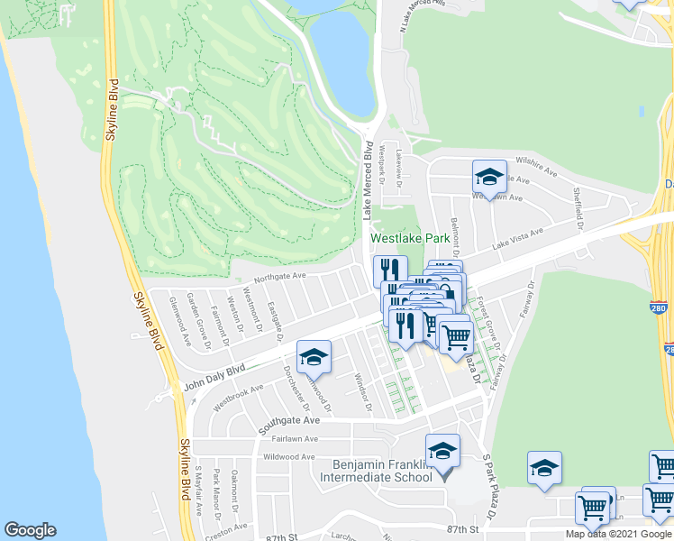 map of restaurants, bars, coffee shops, grocery stores, and more near Northgate Ave & Oaklawn Dr in Daly City