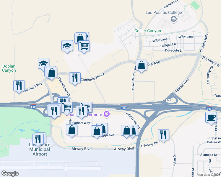 map of restaurants, bars, coffee shops, grocery stores, and more near 2441 Constitution Drive in Livermore
