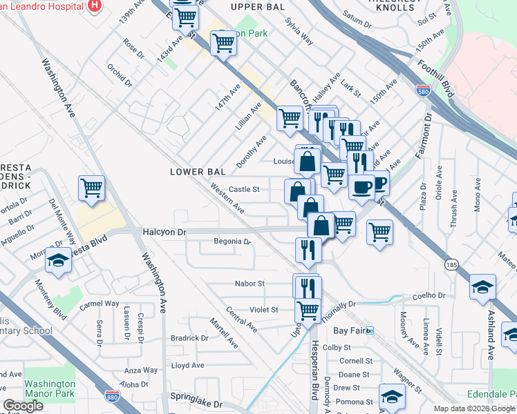 map of restaurants, bars, coffee shops, grocery stores, and more near 963 Dillo Street in San Leandro