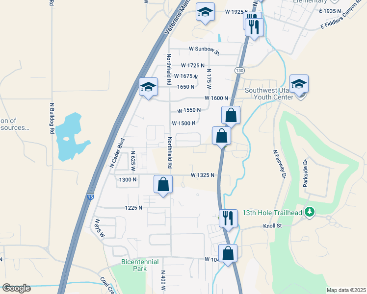 map of restaurants, bars, coffee shops, grocery stores, and more near 333 1425 North Street in Cedar City