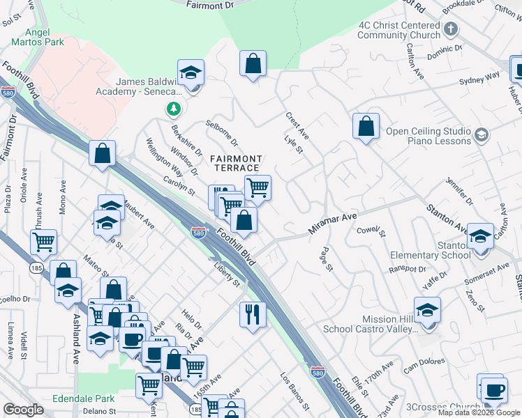 map of restaurants, bars, coffee shops, grocery stores, and more near 16272 Saratoga Street in San Leandro