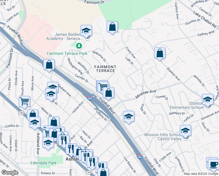 map of restaurants, bars, coffee shops, grocery stores, and more near 16286 Foothill Boulevard in San Leandro