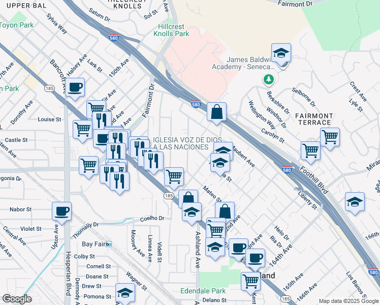 map of restaurants, bars, coffee shops, grocery stores, and more near 1560 Mono Avenue in San Leandro
