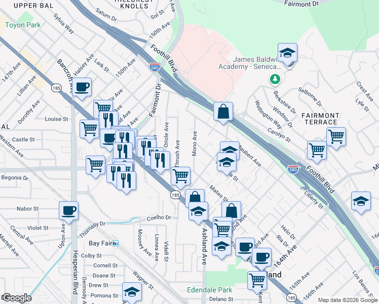 map of restaurants, bars, coffee shops, grocery stores, and more near 1560 Mono Avenue in San Leandro