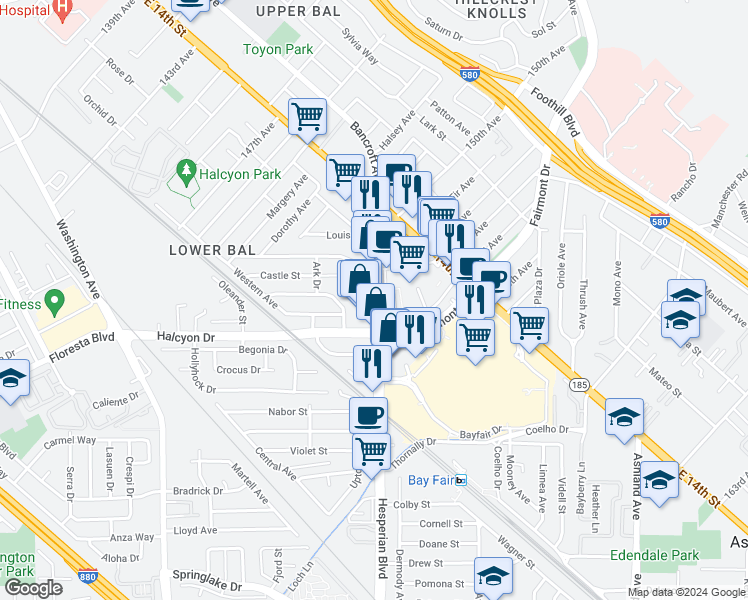 map of restaurants, bars, coffee shops, grocery stores, and more near 15073 Hesperian Boulevard in San Leandro