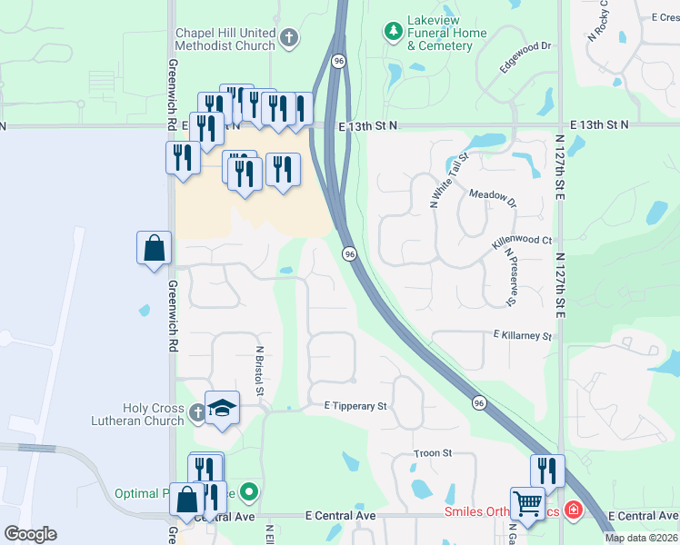 map of restaurants, bars, coffee shops, grocery stores, and more near 1090 Bedford Court in Wichita