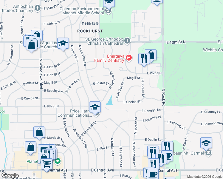 map of restaurants, bars, coffee shops, grocery stores, and more near 1036 North Rutland Street in Wichita