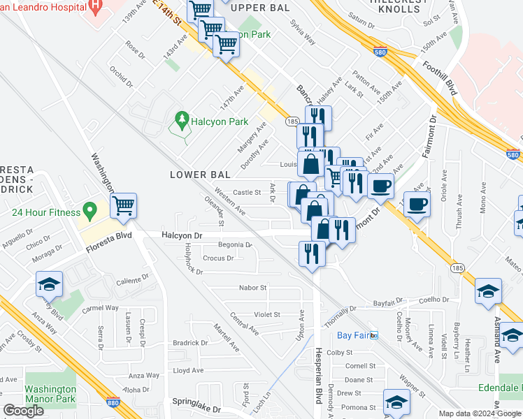 map of restaurants, bars, coffee shops, grocery stores, and more near 963 Dillo Street in San Leandro