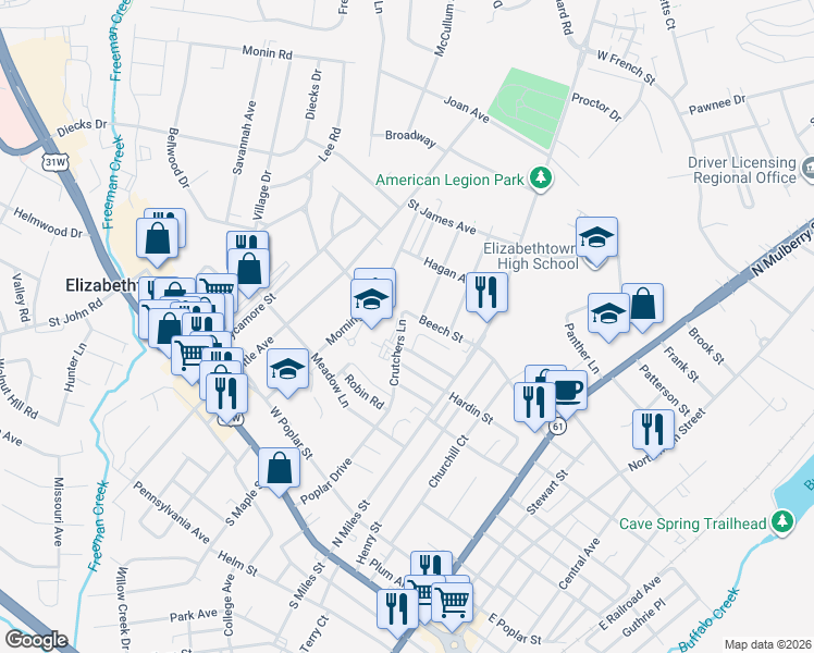map of restaurants, bars, coffee shops, grocery stores, and more near 313 Mallory Street in Elizabethtown