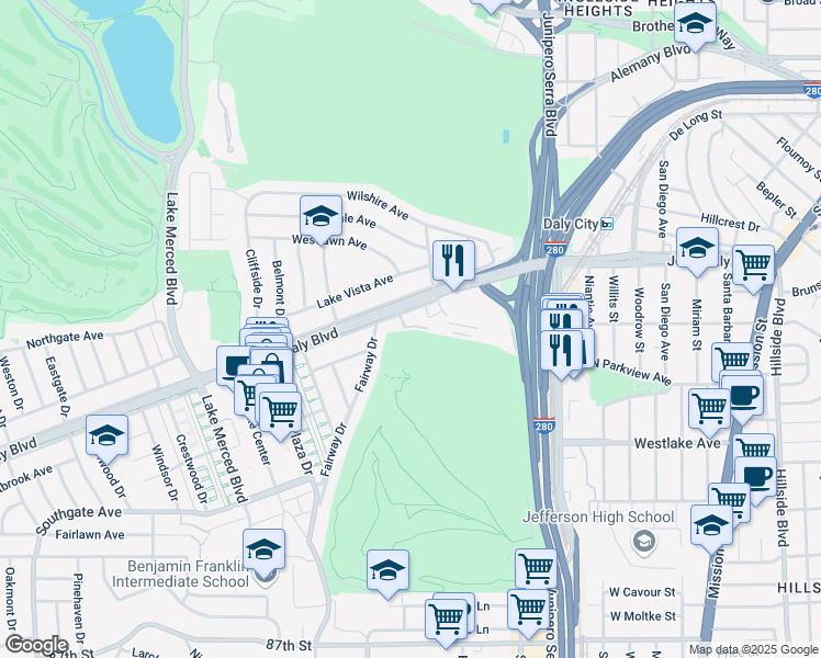 map of restaurants, bars, coffee shops, grocery stores, and more near 25 Mayfair Drive in Daly City