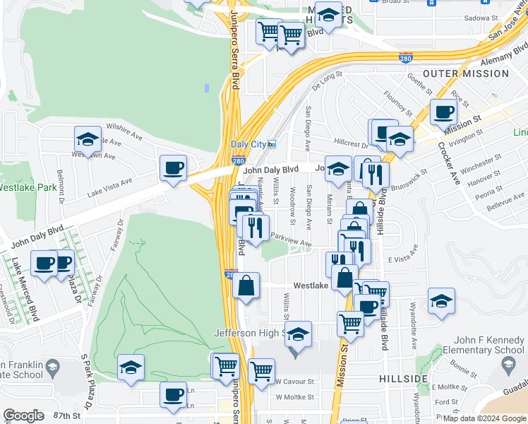 map of restaurants, bars, coffee shops, grocery stores, and more near 2 Vista Grande Avenue in Daly City
