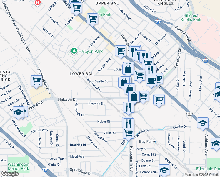 map of restaurants, bars, coffee shops, grocery stores, and more near 985 Dillo Street in San Leandro