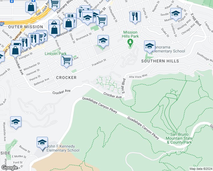 map of restaurants, bars, coffee shops, grocery stores, and more near 1609 Graystone Lane in Daly City