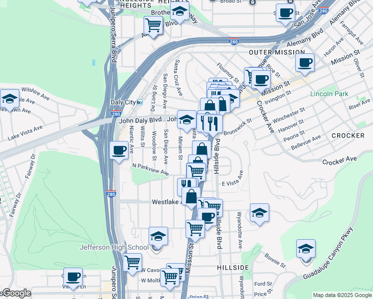 map of restaurants, bars, coffee shops, grocery stores, and more near 155 Vista Grande Avenue in Daly City