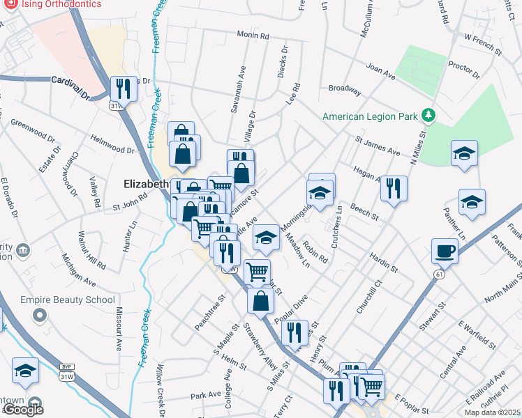 map of restaurants, bars, coffee shops, grocery stores, and more near in Elizabethtown