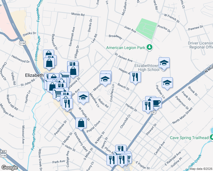 map of restaurants, bars, coffee shops, grocery stores, and more near 323 Morningside Drive in Elizabethtown