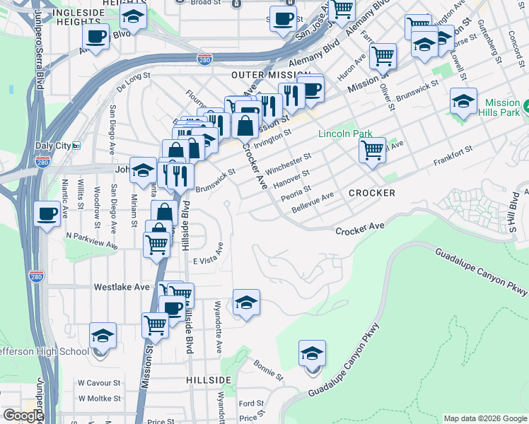 map of restaurants, bars, coffee shops, grocery stores, and more near 829 Bellevue Avenue in Daly City