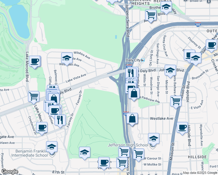 map of restaurants, bars, coffee shops, grocery stores, and more near 35 Poncetta Drive in Daly City