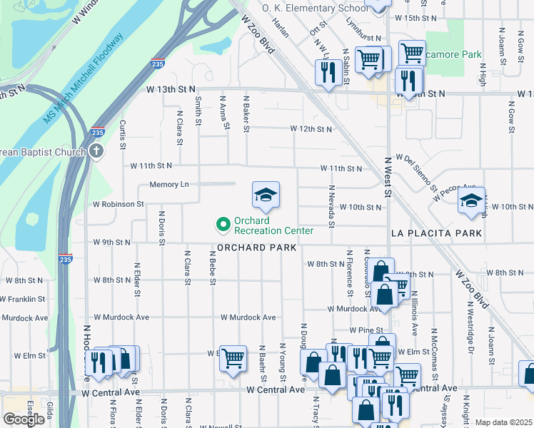 map of restaurants, bars, coffee shops, grocery stores, and more near 4702 West 9th Street North in Wichita