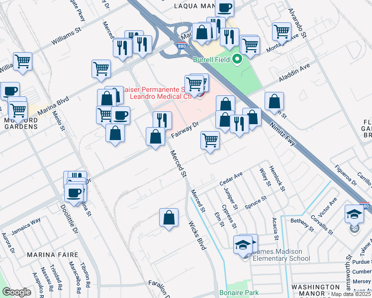 map of restaurants, bars, coffee shops, grocery stores, and more near 2800 Merced Street in San Leandro