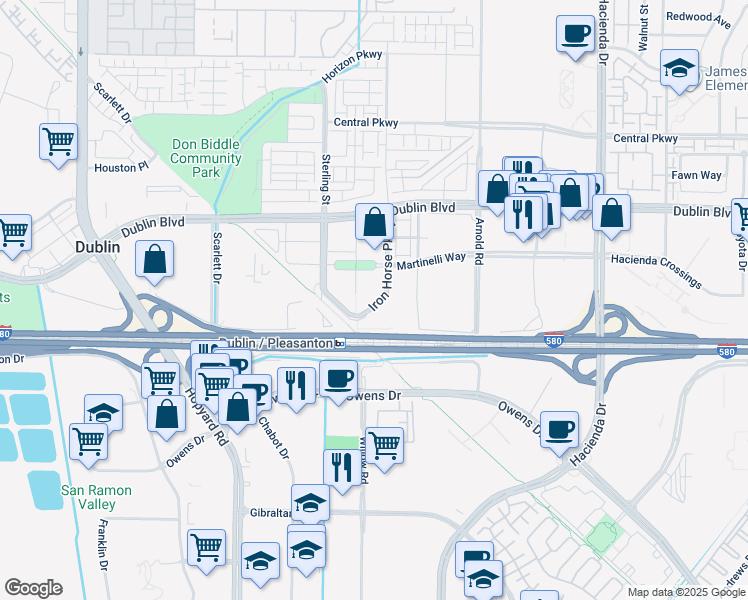 map of restaurants, bars, coffee shops, grocery stores, and more near 5200 Iron Horse Parkway in Dublin