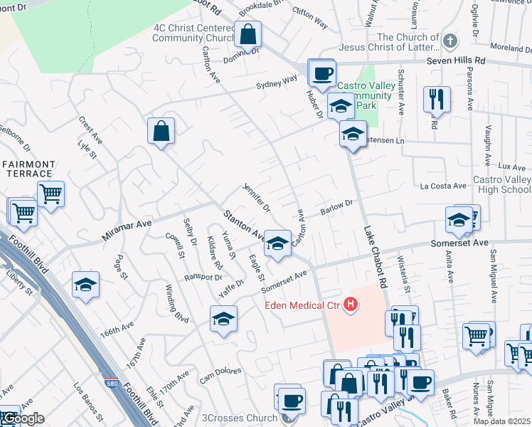 map of restaurants, bars, coffee shops, grocery stores, and more near 2819 Jennifer Drive in Castro Valley