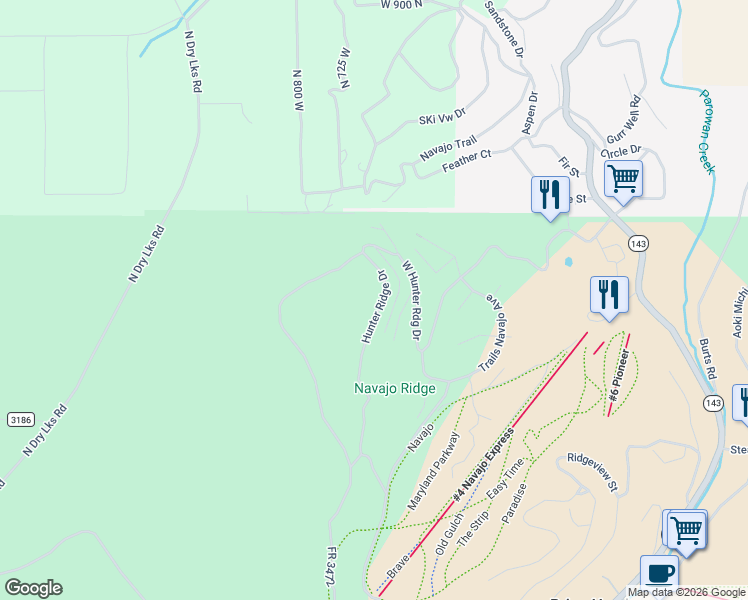 map of restaurants, bars, coffee shops, grocery stores, and more near 697 Hunter Ridge Drive in Brian Head