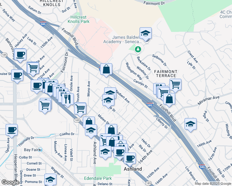 map of restaurants, bars, coffee shops, grocery stores, and more near 15963 Maubert Avenue in San Leandro