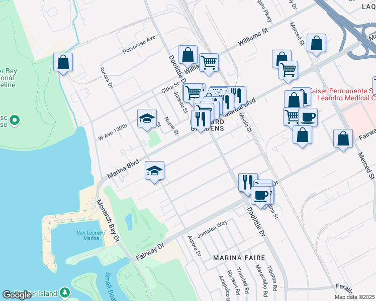map of restaurants, bars, coffee shops, grocery stores, and more near 2380 West Avenue 133rd in San Leandro