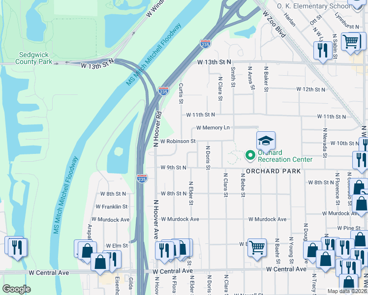 map of restaurants, bars, coffee shops, grocery stores, and more near 1025 North Elder Street in Wichita