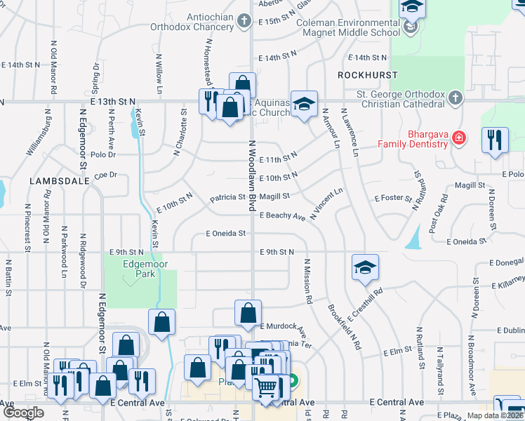 map of restaurants, bars, coffee shops, grocery stores, and more near 6405 Beachy Street in Wichita