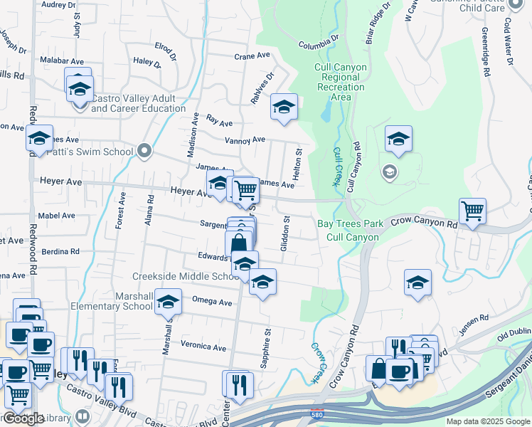 map of restaurants, bars, coffee shops, grocery stores, and more near 19216 Center Street in Castro Valley