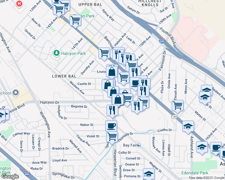 map of restaurants, bars, coffee shops, grocery stores, and more near 15059 Hesperian Boulevard in San Leandro
