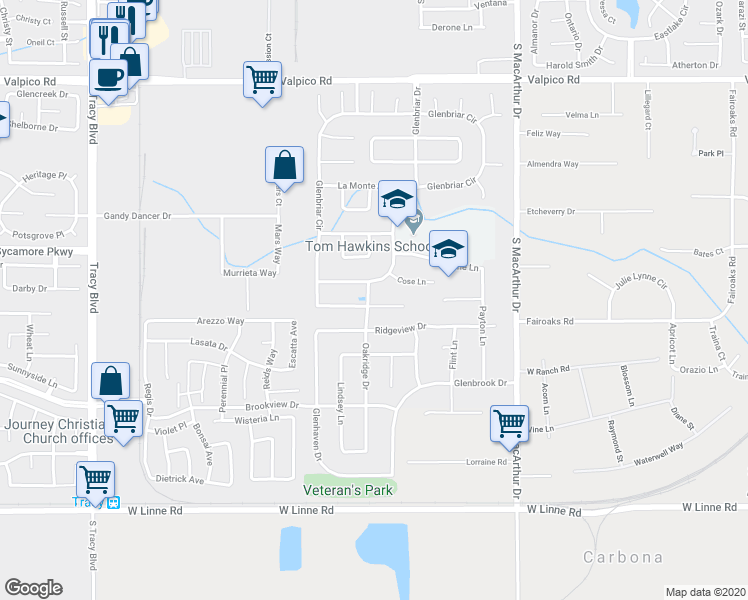 map of restaurants, bars, coffee shops, grocery stores, and more near 261 Kelley Mist Court in Tracy