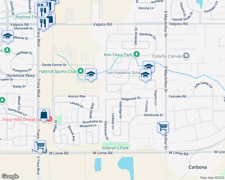 map of restaurants, bars, coffee shops, grocery stores, and more near 181 Kelley Mist Lane in Tracy