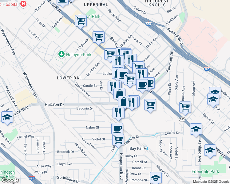 map of restaurants, bars, coffee shops, grocery stores, and more near in San Leandro