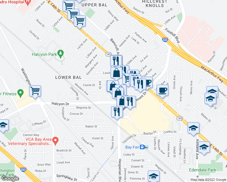 map of restaurants, bars, coffee shops, grocery stores, and more near 1068 Dillo Street in San Leandro